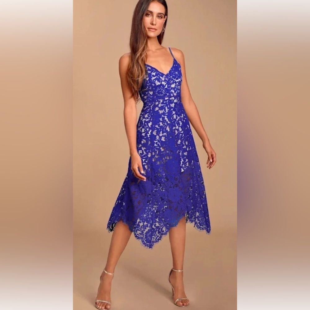 Lulu's Royal Blue Overlay over Nude Lace V-Neck Midi Flare Flowy Formal Dress